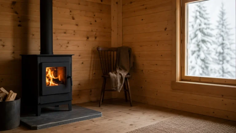 Photo: a compact plain black wood stove in a small rustic cabin with pine walls, a single chair and a window with snowy trees