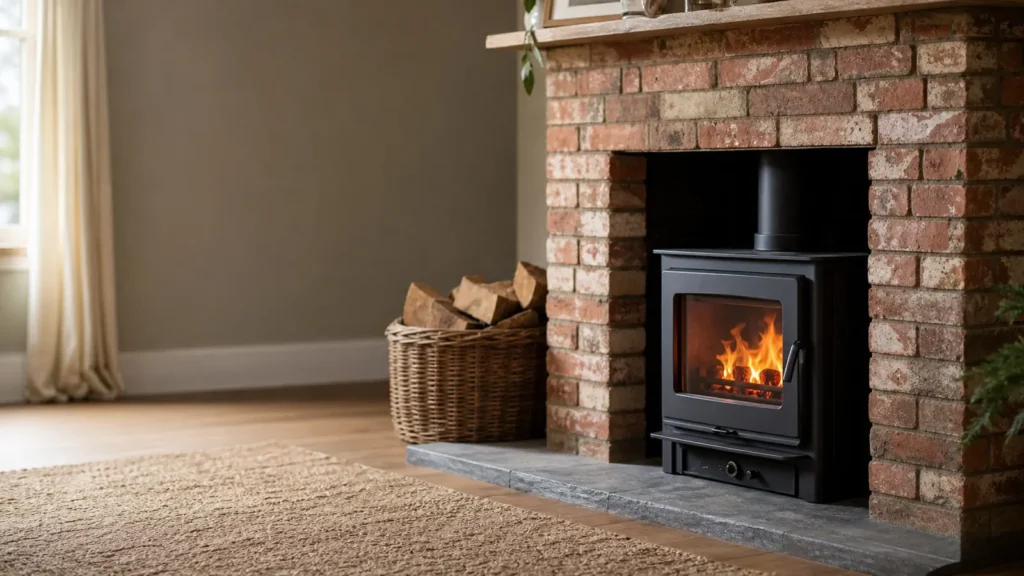 Photo: a brick masonry fireplace fitted with a plain black wood stove insert with a glass door and a small fire