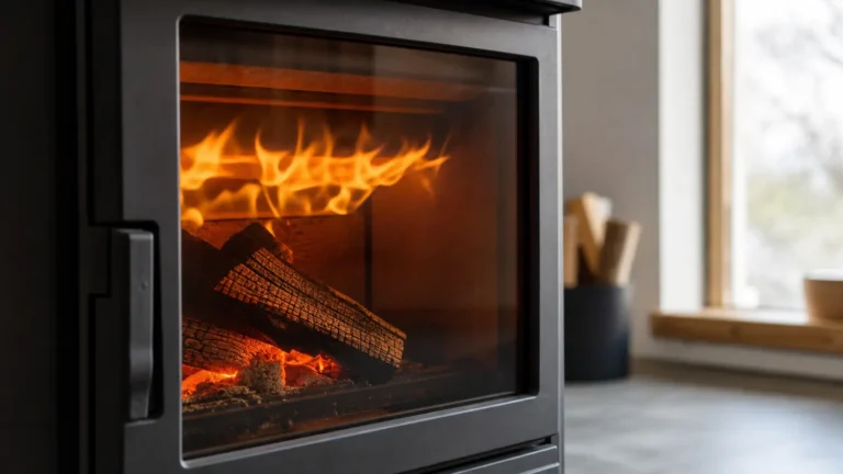 Photo: close view through the glass door of a generic wood stove showing clean secondary flames dancing along the top of the firebox