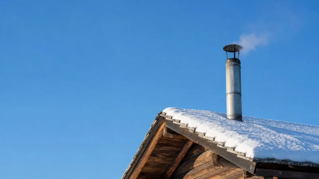 Photo: a metal chimney pipe exiting a snow-dusted cabin roof against a clear blue sky
