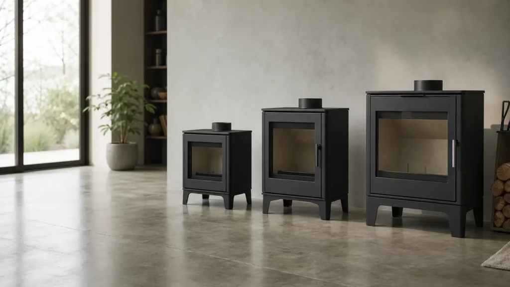 Photo: a row of three plain unbranded wood stoves of different sizes on a showroom-style concrete floor, soft light