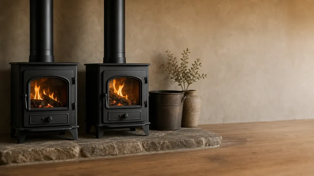 Photo: two plain black wood stoves side by side on a stone hearth, neutral warm background