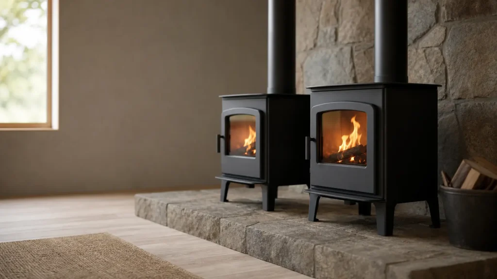 Photo: two plain unbranded black steel wood stoves of slightly different sizes side by side on a stone hearth, glass doors showing a small fire
