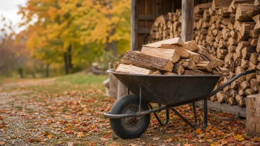 Photo: a full wheelbarrow of split firewood next to a stacked woodpile in autumn