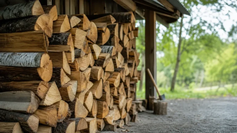 Photo: neatly stacked split hardwood firewood of different species with visible bark and grain, outdoors under a simple roof