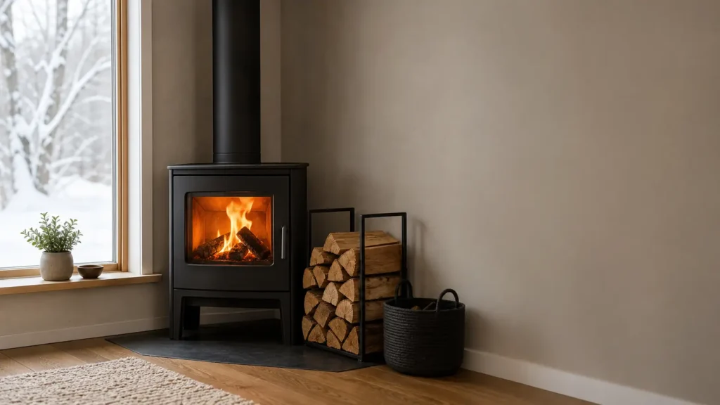 Photo: a cozy living room corner with a plain black steel wood stove burning behind its glass door, neatly stacked split firewood beside it, winter light through a window