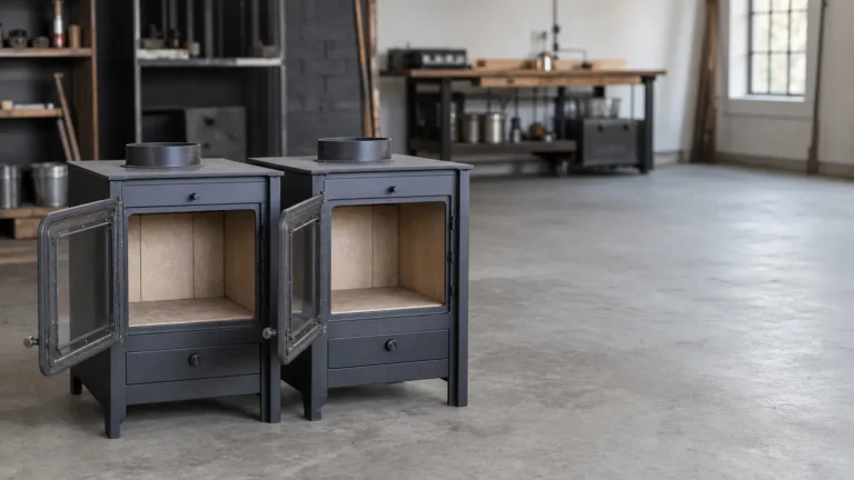 Photo: two identical-looking plain steel wood stove fireboxes viewed with doors open, bare firebrick interiors, workshop setting, neutral light