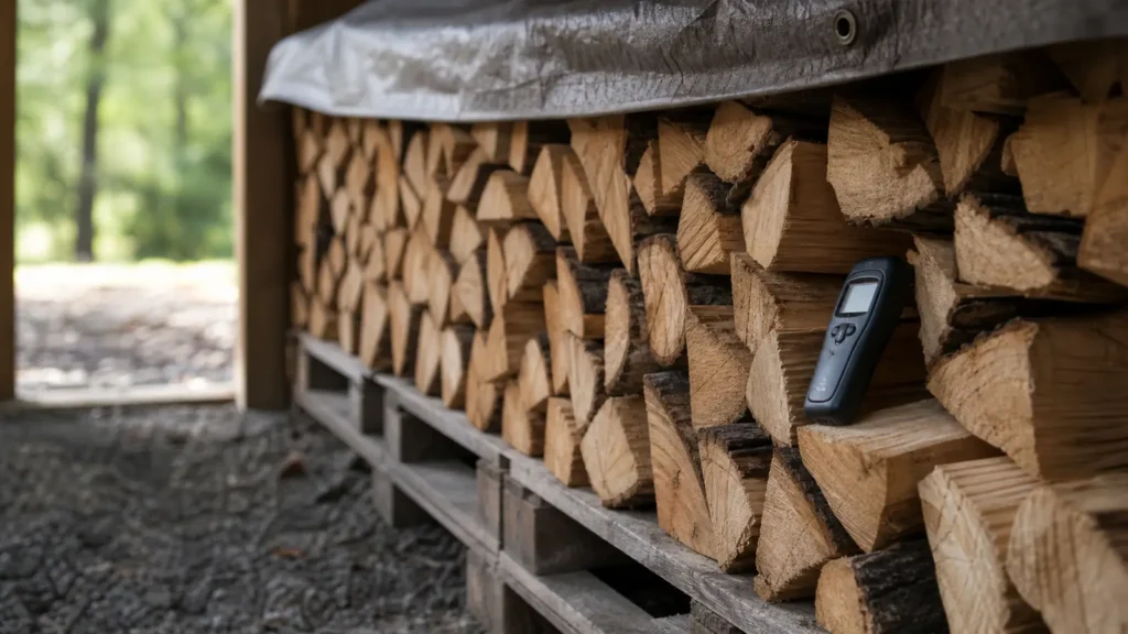 Photo: split firewood stacked off the ground on pallets under a top cover, a generic handheld moisture meter resting on one log