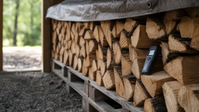 Photo: split firewood stacked off the ground on pallets under a top cover, a generic handheld moisture meter resting on one log