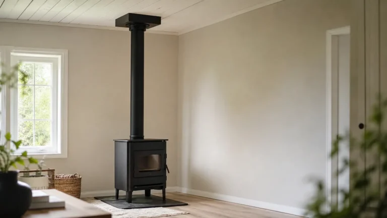 Photo: black single-wall stovepipe rising from a plain wood stove to a ceiling support box, clean white wood-paneled ceiling