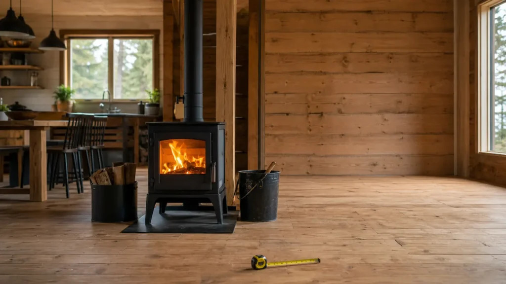 Photo: an open-plan cabin interior with a small black wood stove in the center, warm glow, measuring tape lying on the wooden floor nearby