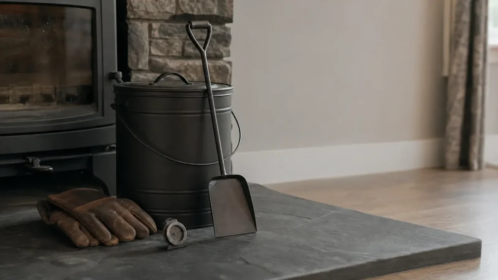 Photo: a slate hearth with a metal ash bucket with lid, a fireplace shovel, leather fire gloves and a small round stovepipe thermometer, no labels