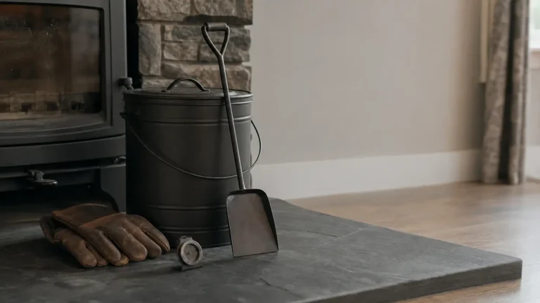 Photo: a slate hearth with a metal ash bucket with lid, a fireplace shovel, leather fire gloves and a small round stovepipe thermometer, no labels