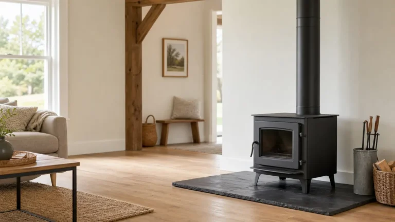 Photo: a plain unbranded black steel wood stove on a slate hearth pad in a bright farmhouse living room, stovepipe rising to the ceiling