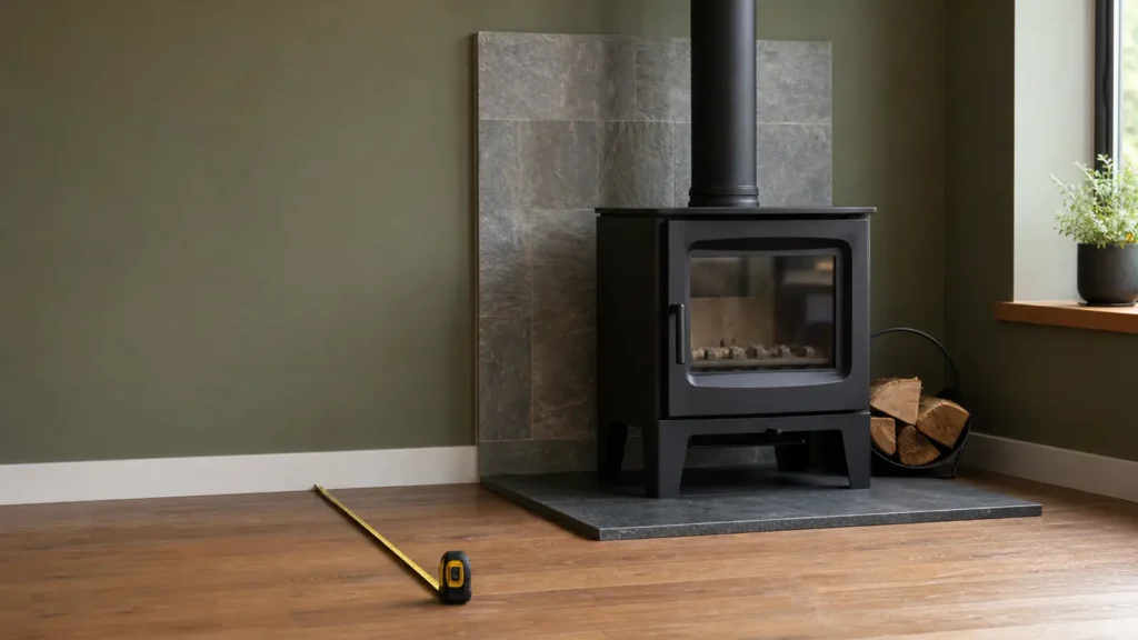 Photo: a plain black wood stove positioned in front of a painted wall with a stone heat shield, a tape measure stretched on the floor to the wall