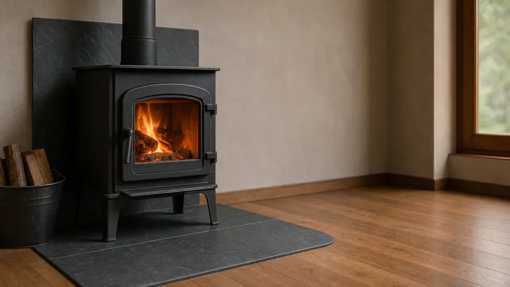 Photo: a plain wood stove standing on a large slate tile hearth pad over a wooden floor, ember protection extending in front of the door
