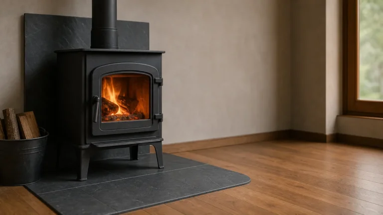 Photo: a plain wood stove standing on a large slate tile hearth pad over a wooden floor, ember protection extending in front of the door