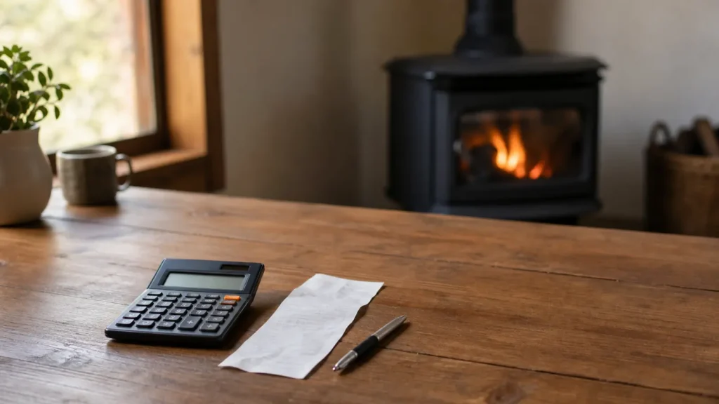 Photo: a wooden table with a calculator, a printed receipt with no readable text, and a pen, a wood stove softly out of focus in the background